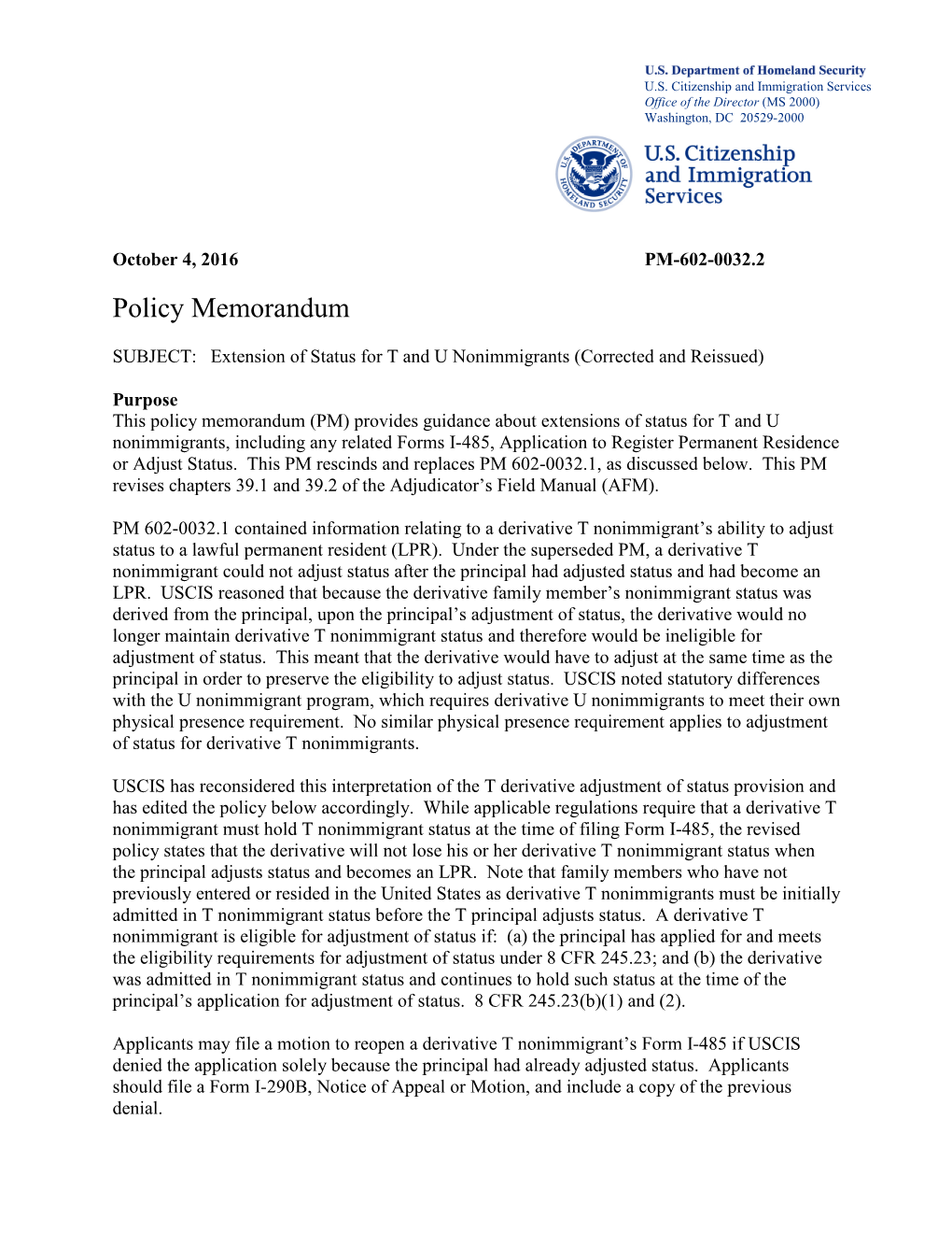 Extension of Status for T and U Nonimmigrants (Corrected and Reissued)