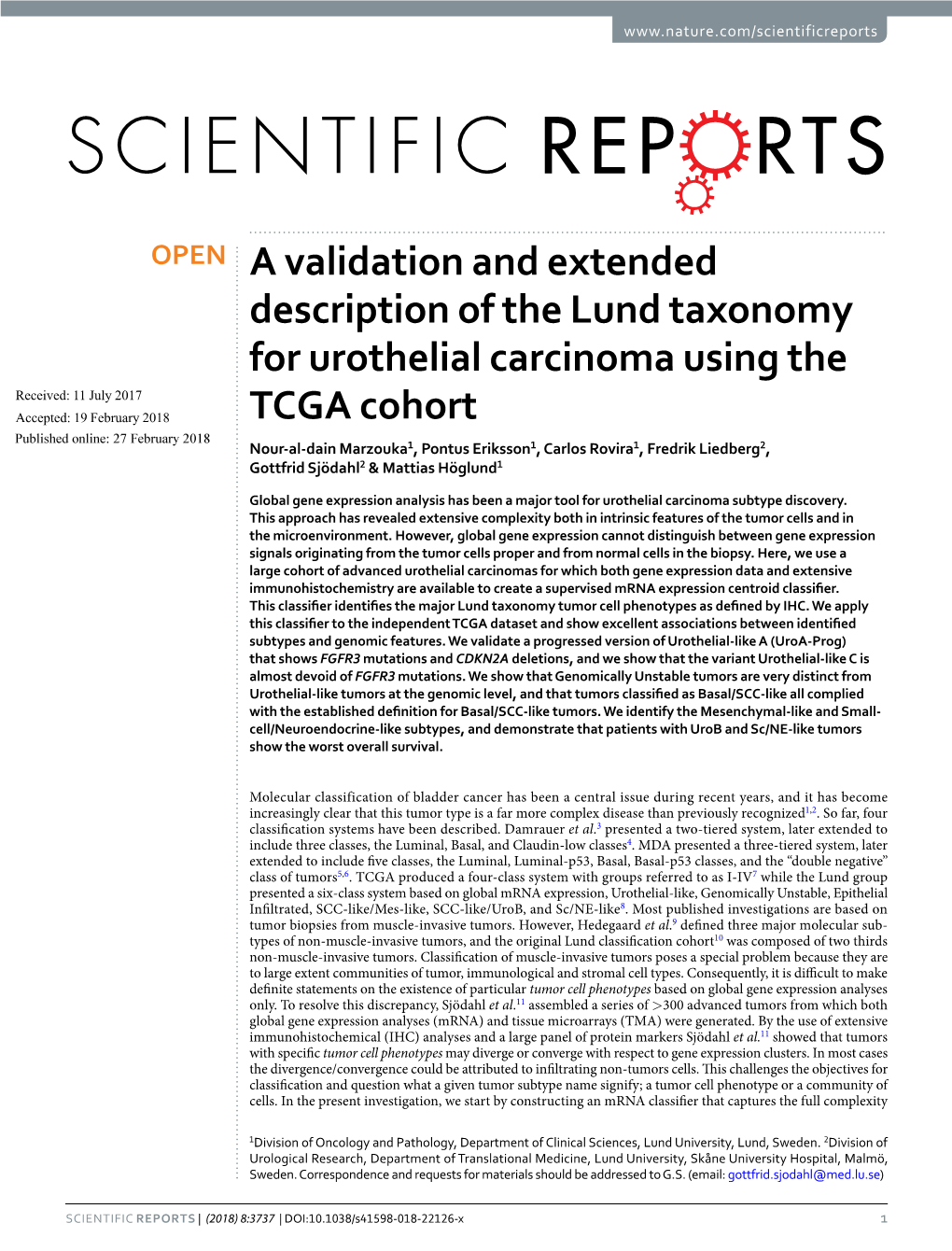 A Validation and Extended Description of the Lund Taxonomy for Urothelial