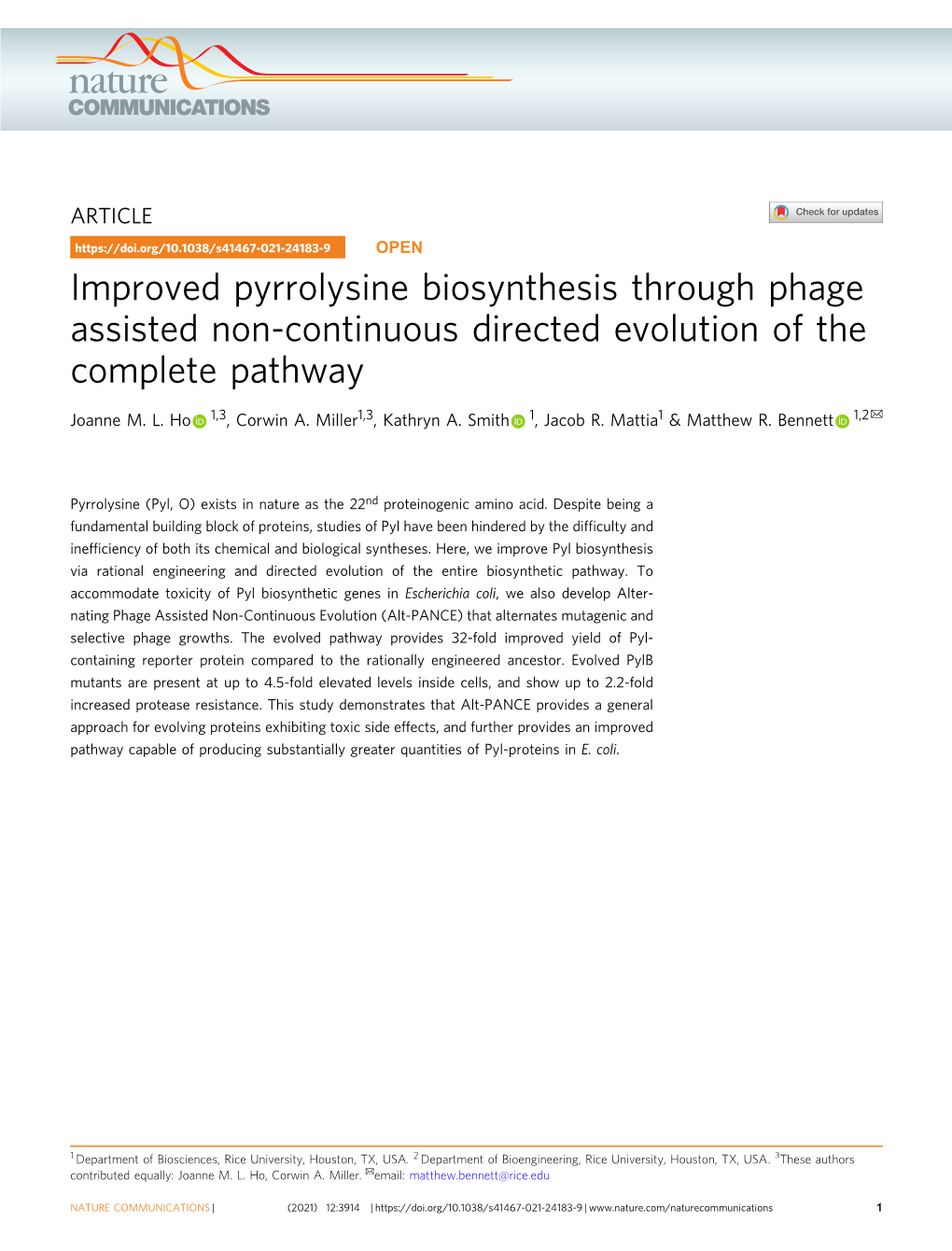 Improved Pyrrolysine Biosynthesis Through Phage Assisted Non-Continuous Directed Evolution of the Complete Pathway ✉ Joanne M