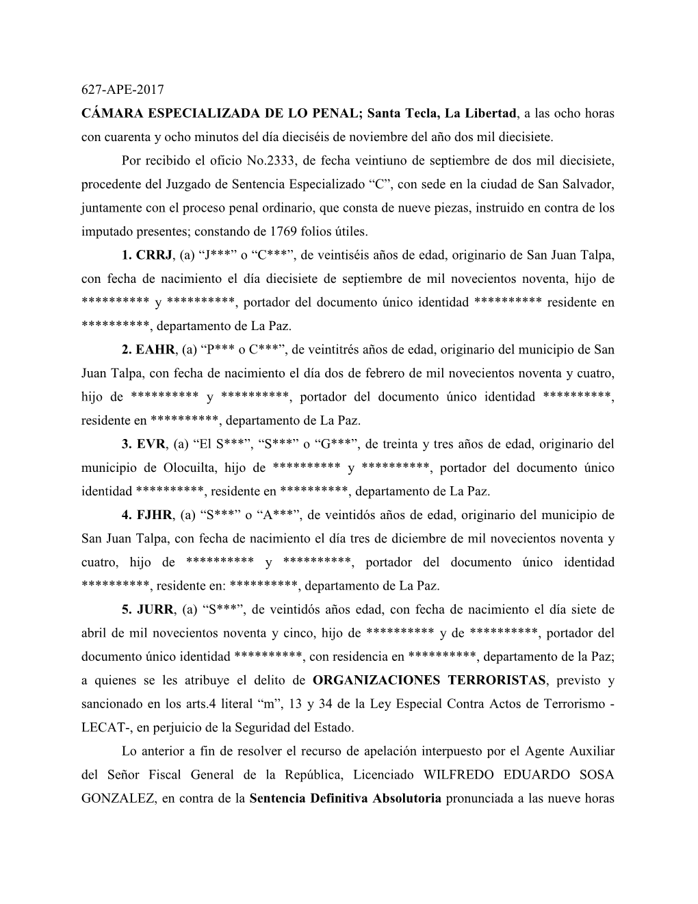 627-Ape-2017 Cámara Especializada De Lo Penal