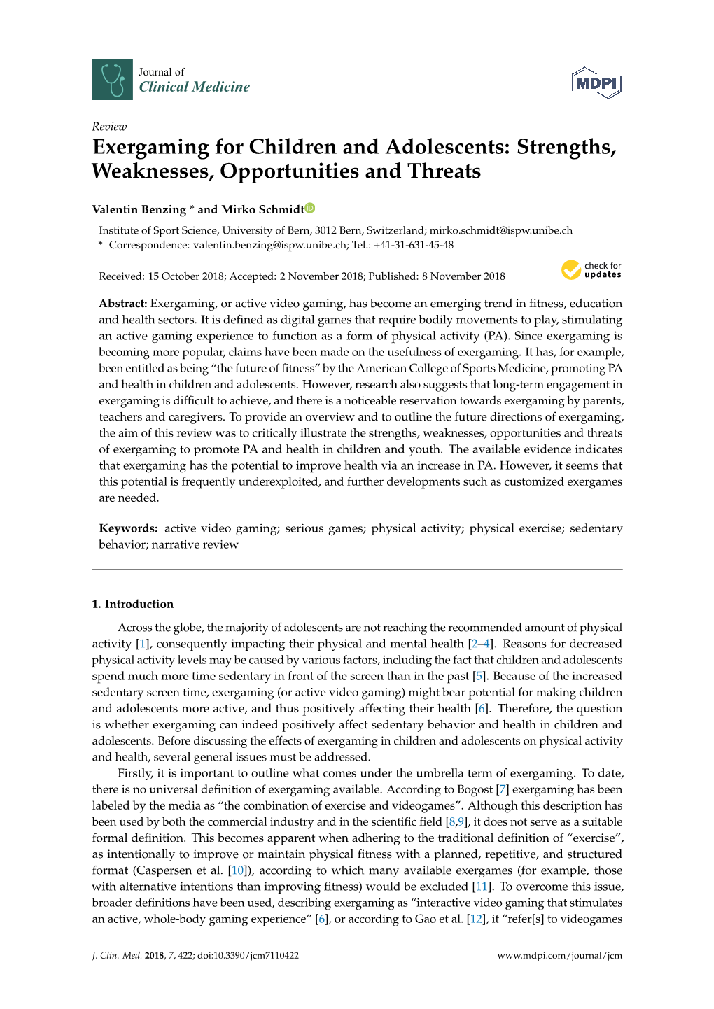 Exergaming for Children and Adolescents: Strengths, Weaknesses, Opportunities and Threats