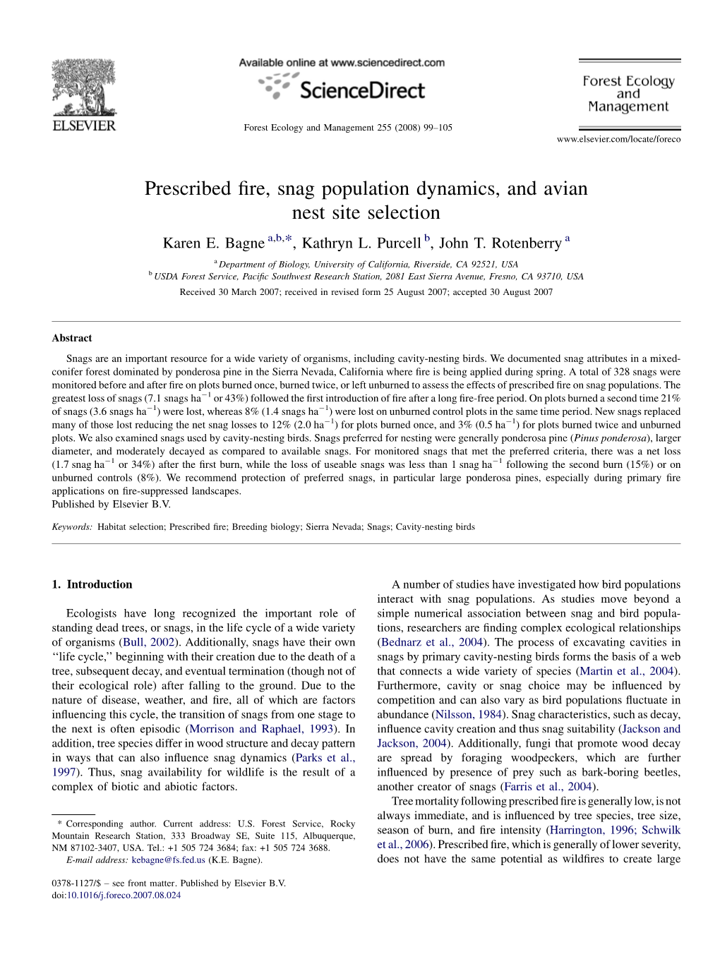Prescribed Fire, Snag Population Dynamics, and Avian Nest Site