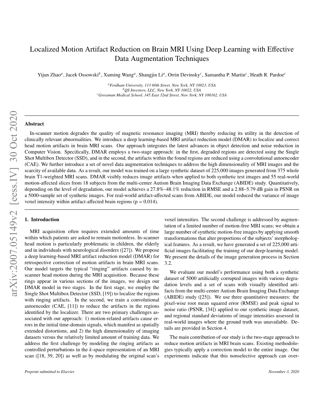 Localized Motion Artifact Reduction on Brain MRI Using Deep Learning with Eﬀective Data Augmentation Techniques