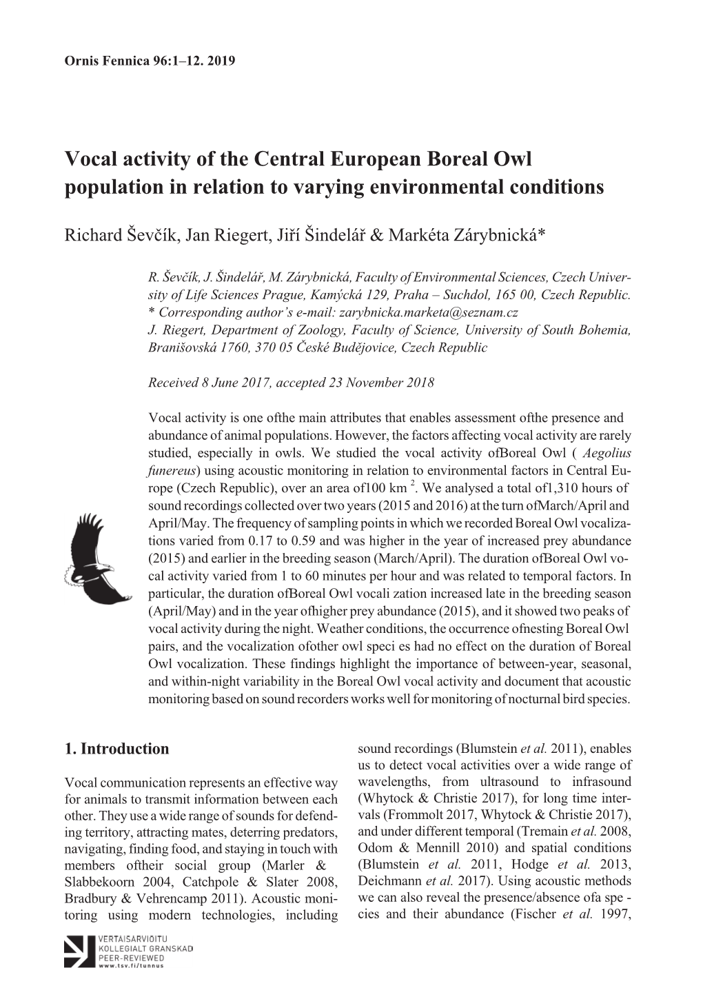 Vocal Activity of the Central European Boreal Owl Population in Relation to Varying Environmental Conditions