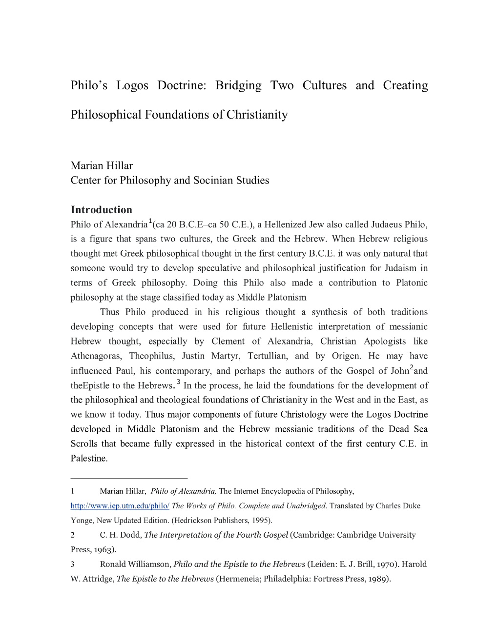 Philo's Logos Doctrine: Bridging Two Cultures and Creating