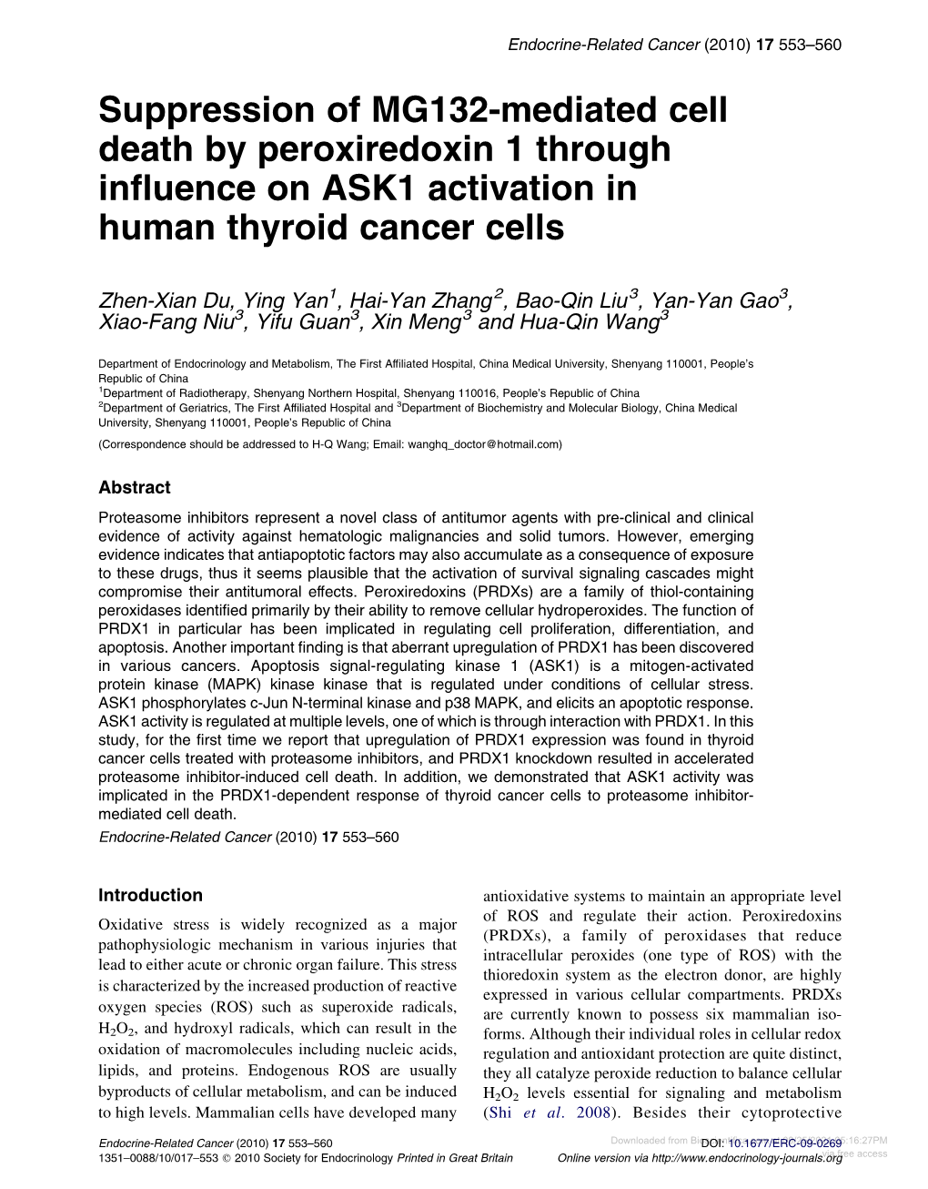 Suppression of MG132-Mediated Cell Death by Peroxiredoxin 1 Through Inﬂuence on ASK1 Activation in Human Thyroid Cancer Cells