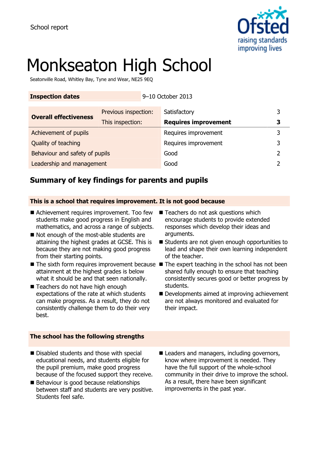 Monkseaton High School Seatonville Road, Whitley Bay, Tyne and Wear, NE25 9EQ