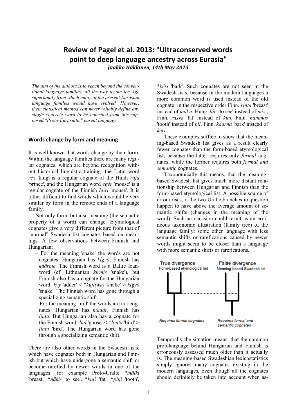 Review of Pagel Et Al. 2013: "Ultraconserved Words Point to Deep Language Ancestry Across Eurasia" Jaakko Häkkinen, 14Th May 2013