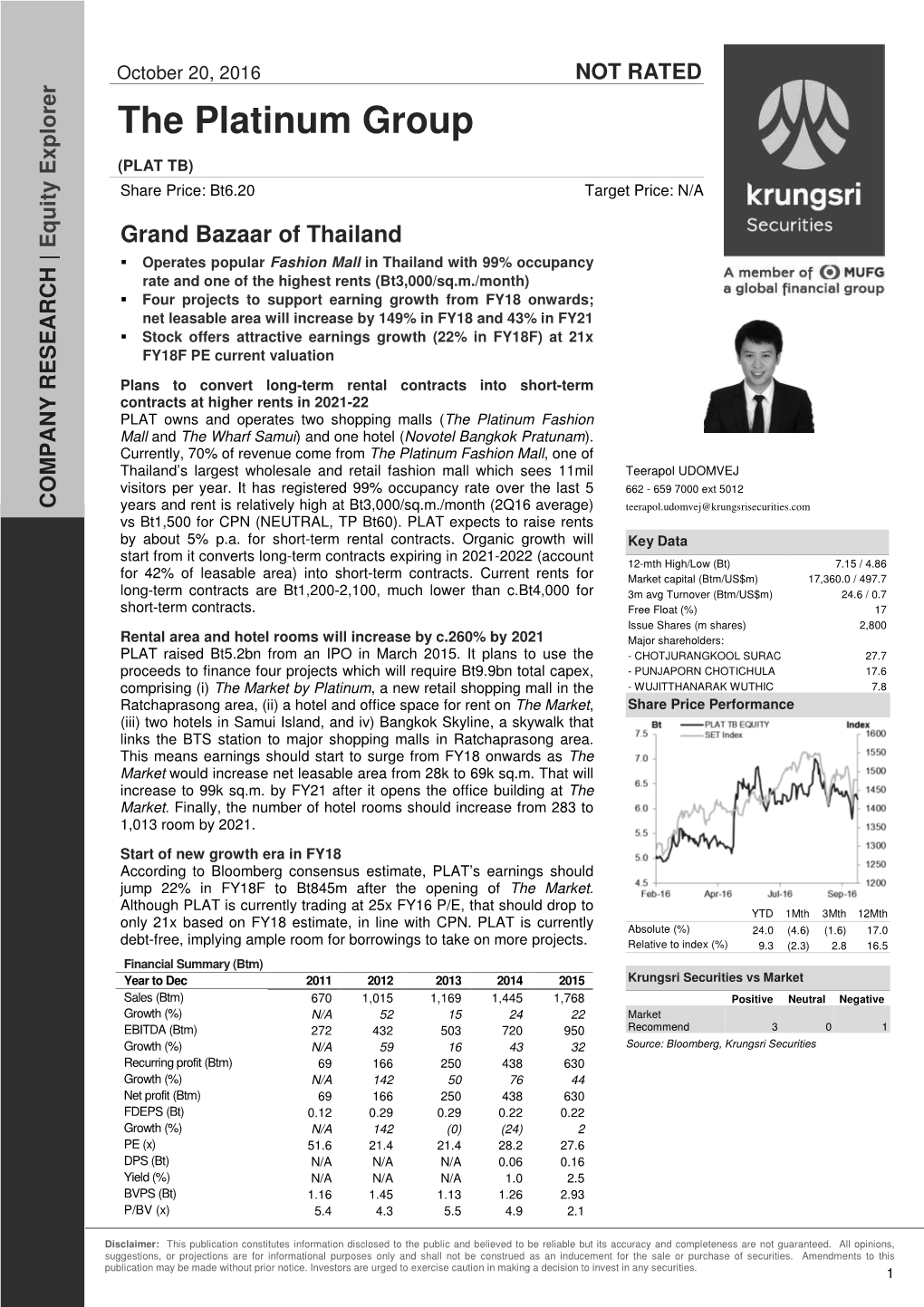 The Platinum Group (PLAT TB) Share Price: Bt6.20 Target Price: N/A