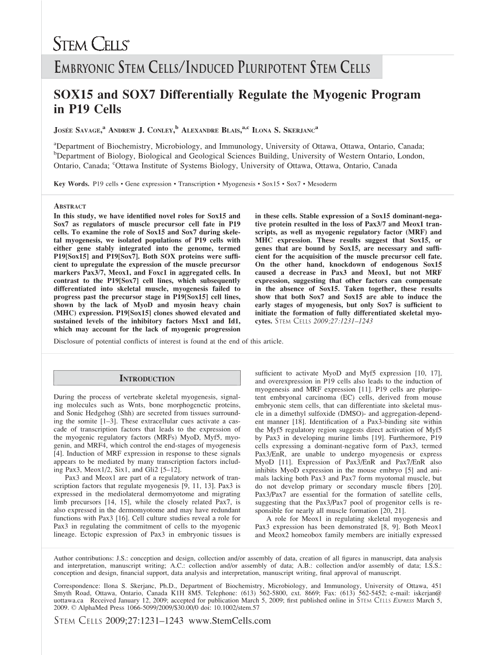 SOX15 and SOX7 Differentially Regulate the Myogenic Program in P19 Cells