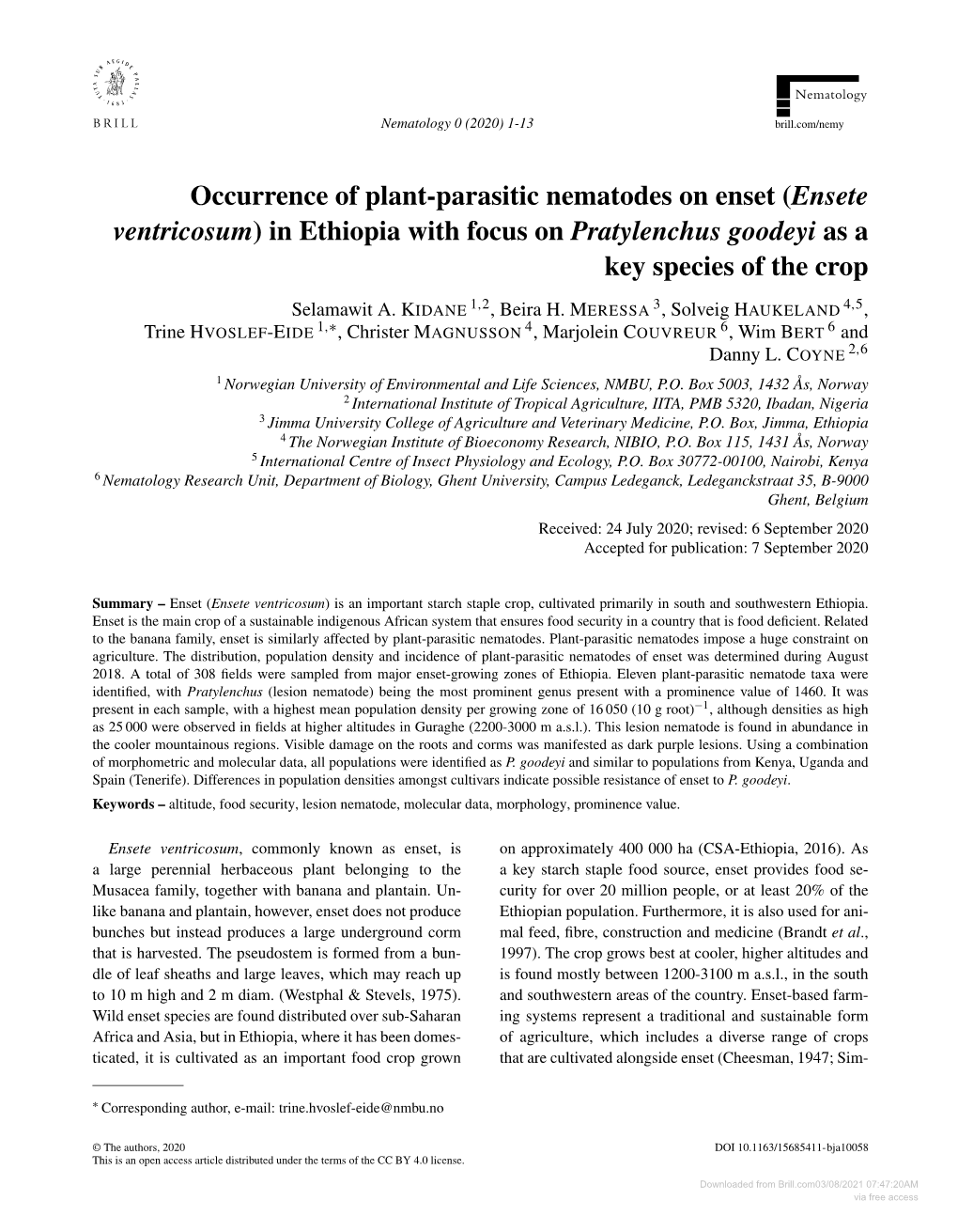 Occurrence of Plant-Parasitic Nematodes on Enset (Ensete Ventricosum) in Ethiopia with Focus on Pratylenchus Goodeyi As a Key Species of the Crop