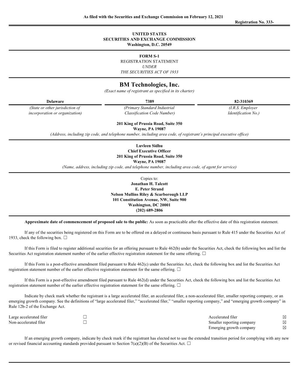 BM Technologies, Inc. (Exact Name of Registrant As Specified in Its Charter)