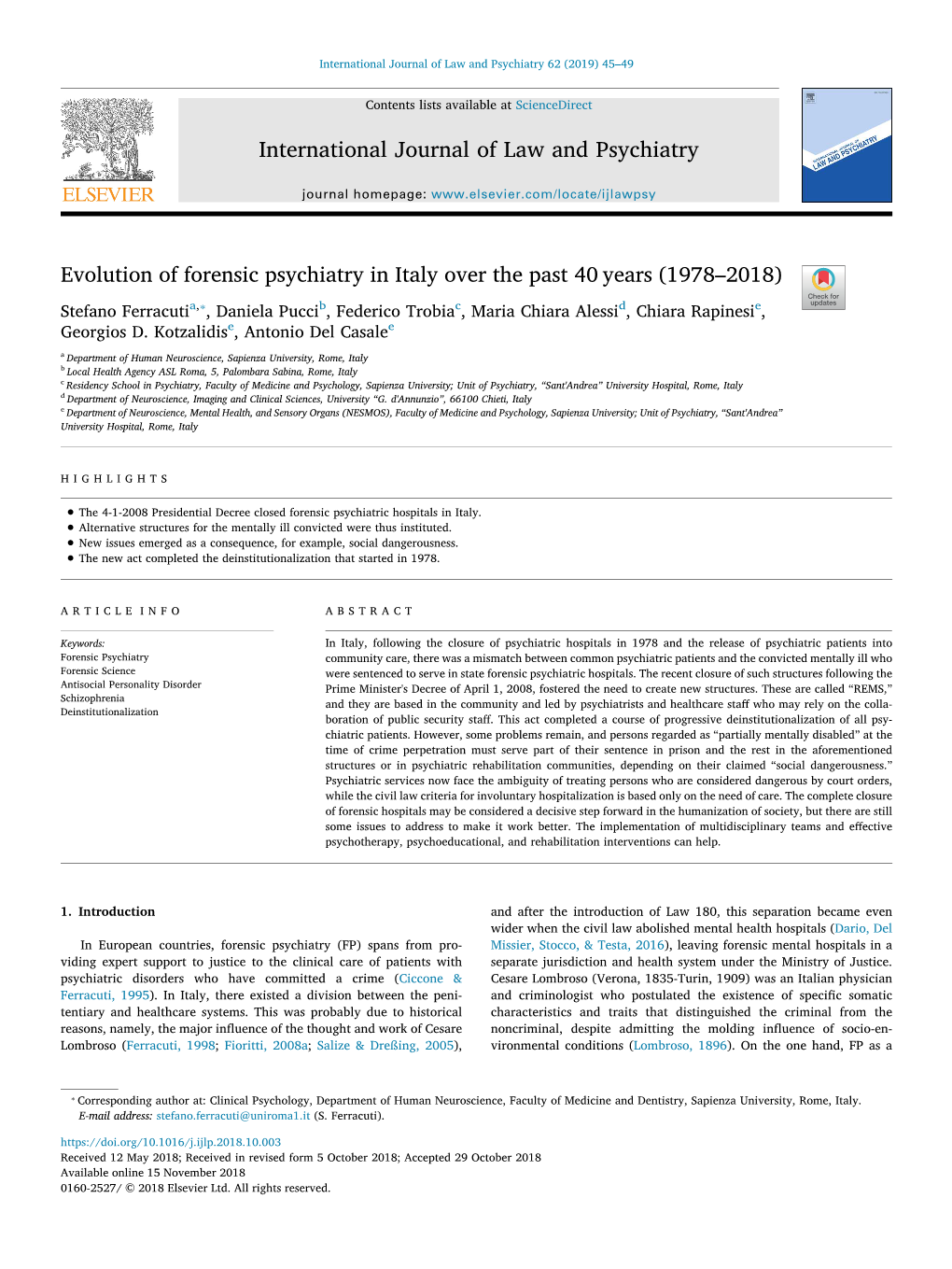 Evolution of Forensic Psychiatry in Italy Over the Past 40 Years (1978–2018)