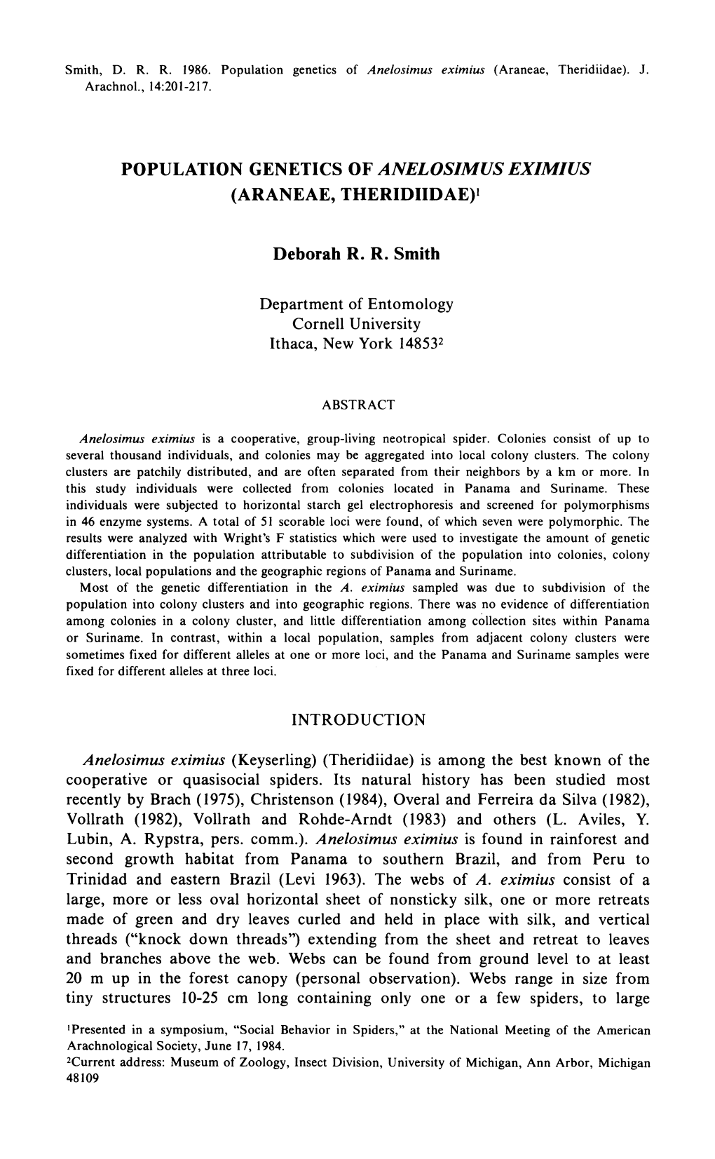 Smith, DRR 1986. Population Genetics of Anelosimus