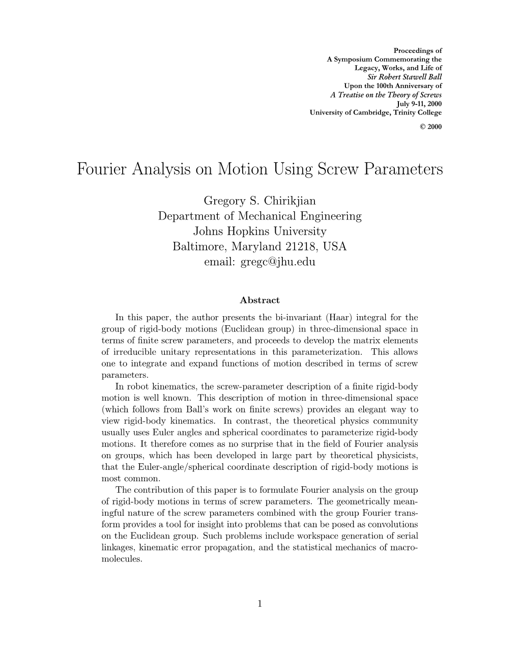 Fourier Analysis on Motion Using Screw Parameters