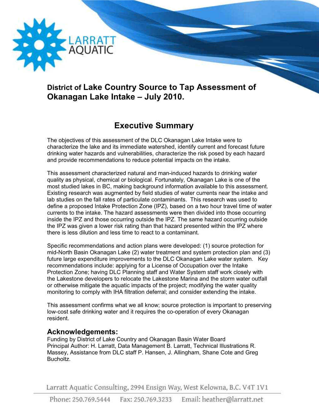 Source to Tap Assessment of Okanagan Lake Intake – July 2010