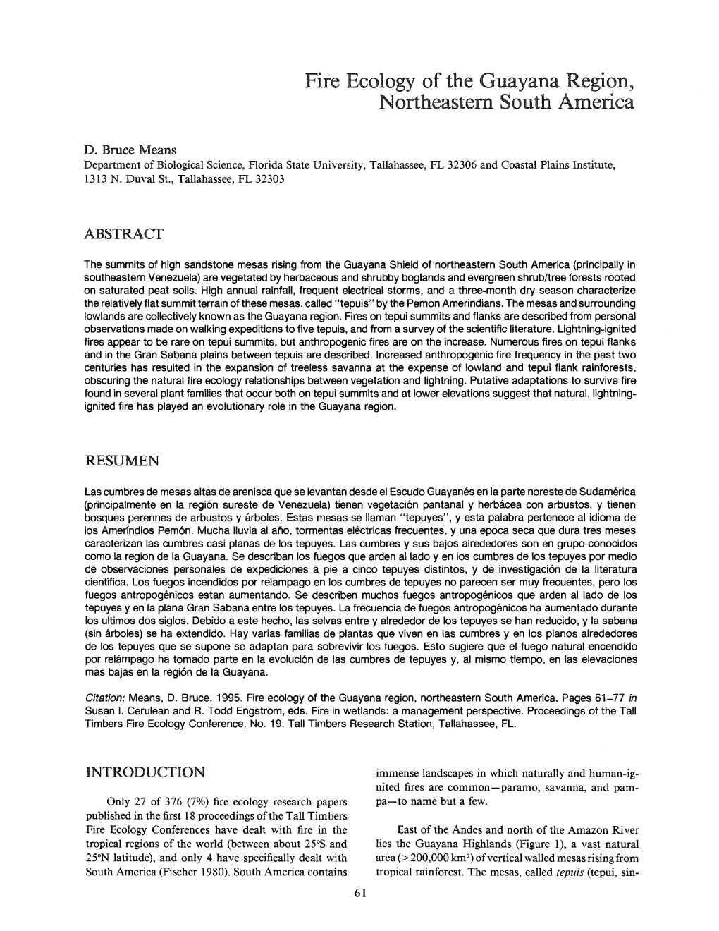 Fire Ecology of the Guayana Region, Northeastern South America