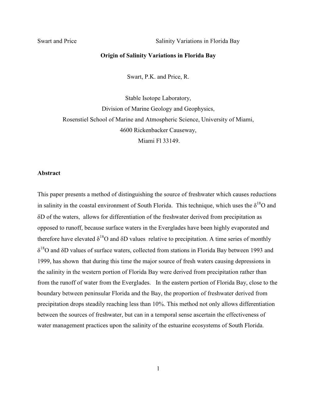 Swart and Price Salinity Variations in Florida Bay 1