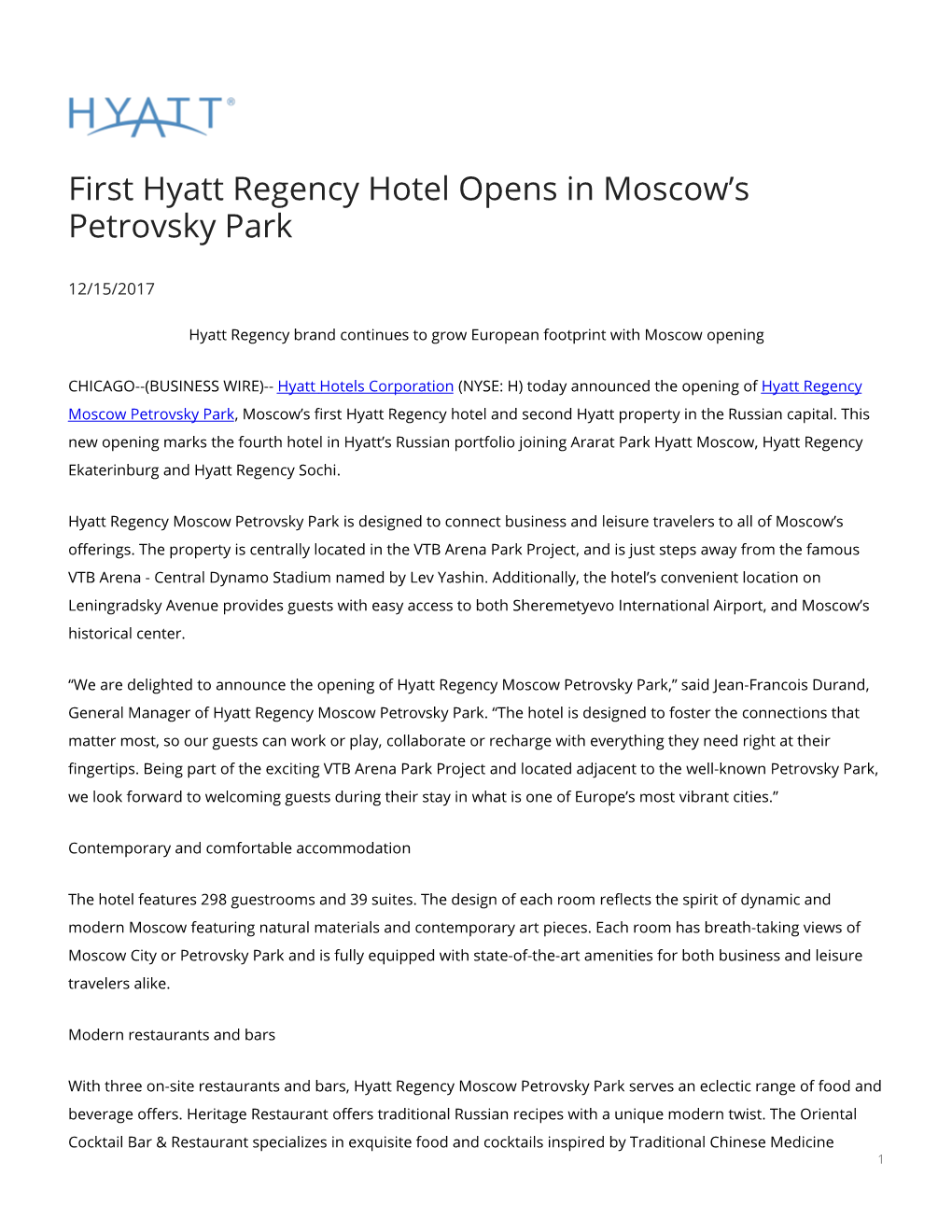 First Hyatt Regency Hotel Opens in Moscow's Petrovsky Park