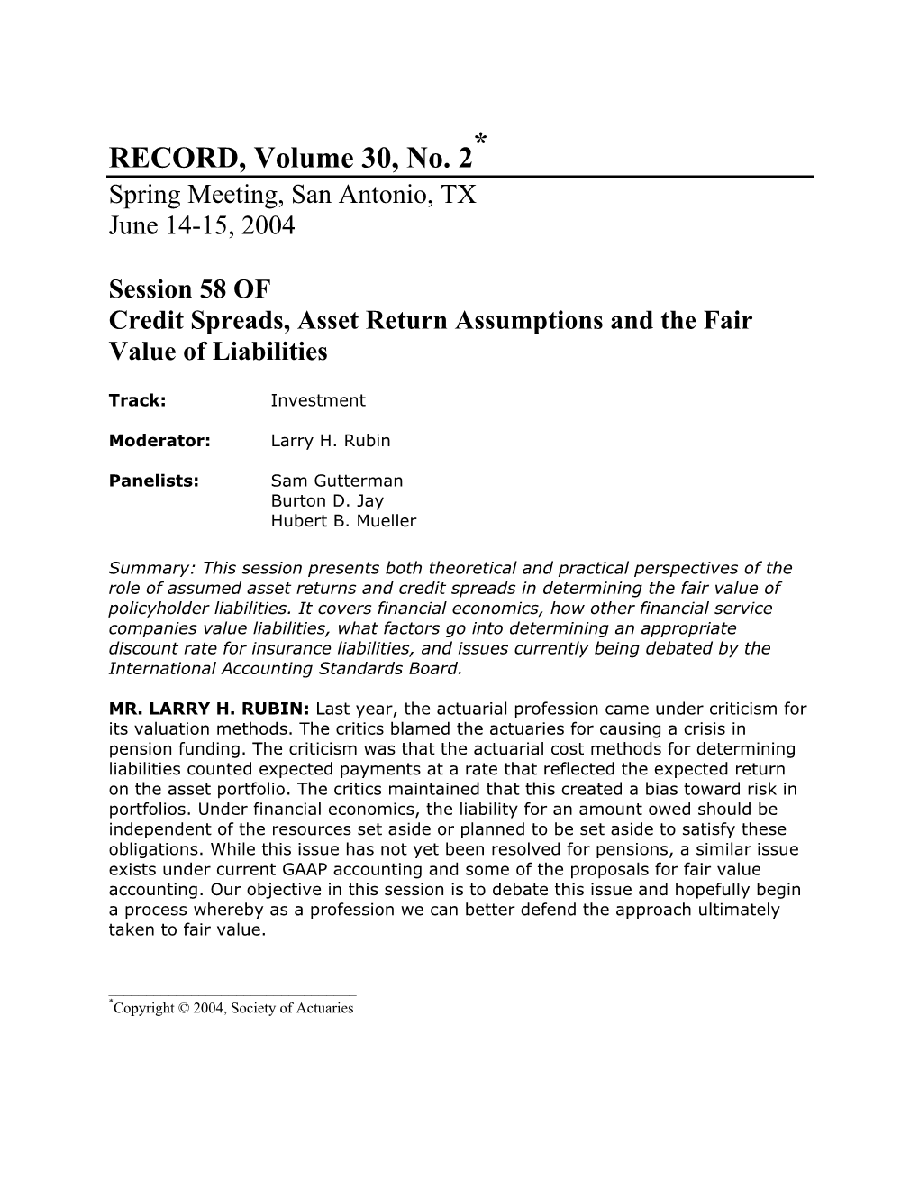 Credit Spreads, Asset Return Assumptions and the Fair Value of Liabilities