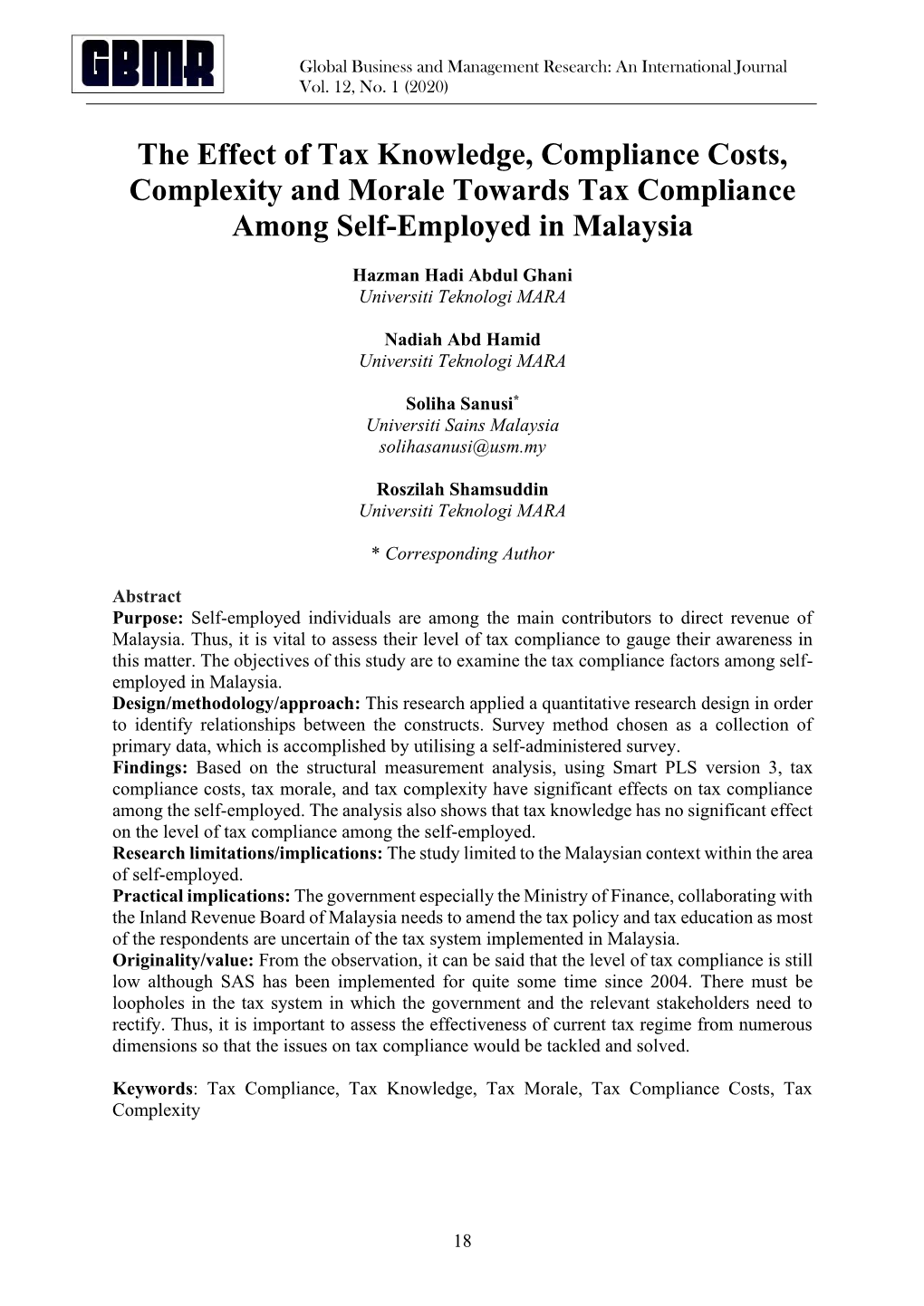 The Effect of Tax Knowledge, Compliance Costs, Complexity and Morale Towards Tax Compliance Among Self-Employed in Malaysia