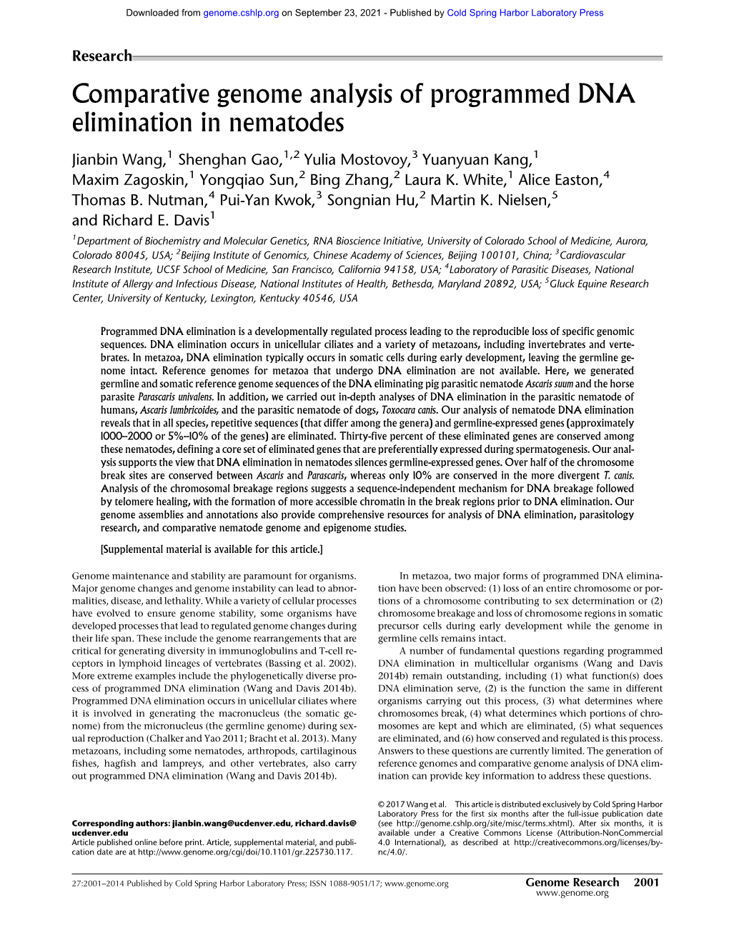 Comparative Genome Analysis of Programmed DNA Elimination in Nematodes