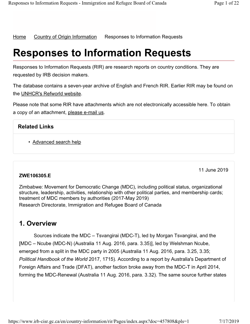 Responses to Information Requests - Immigration and Refugee Board of Canada Page 1 of 22