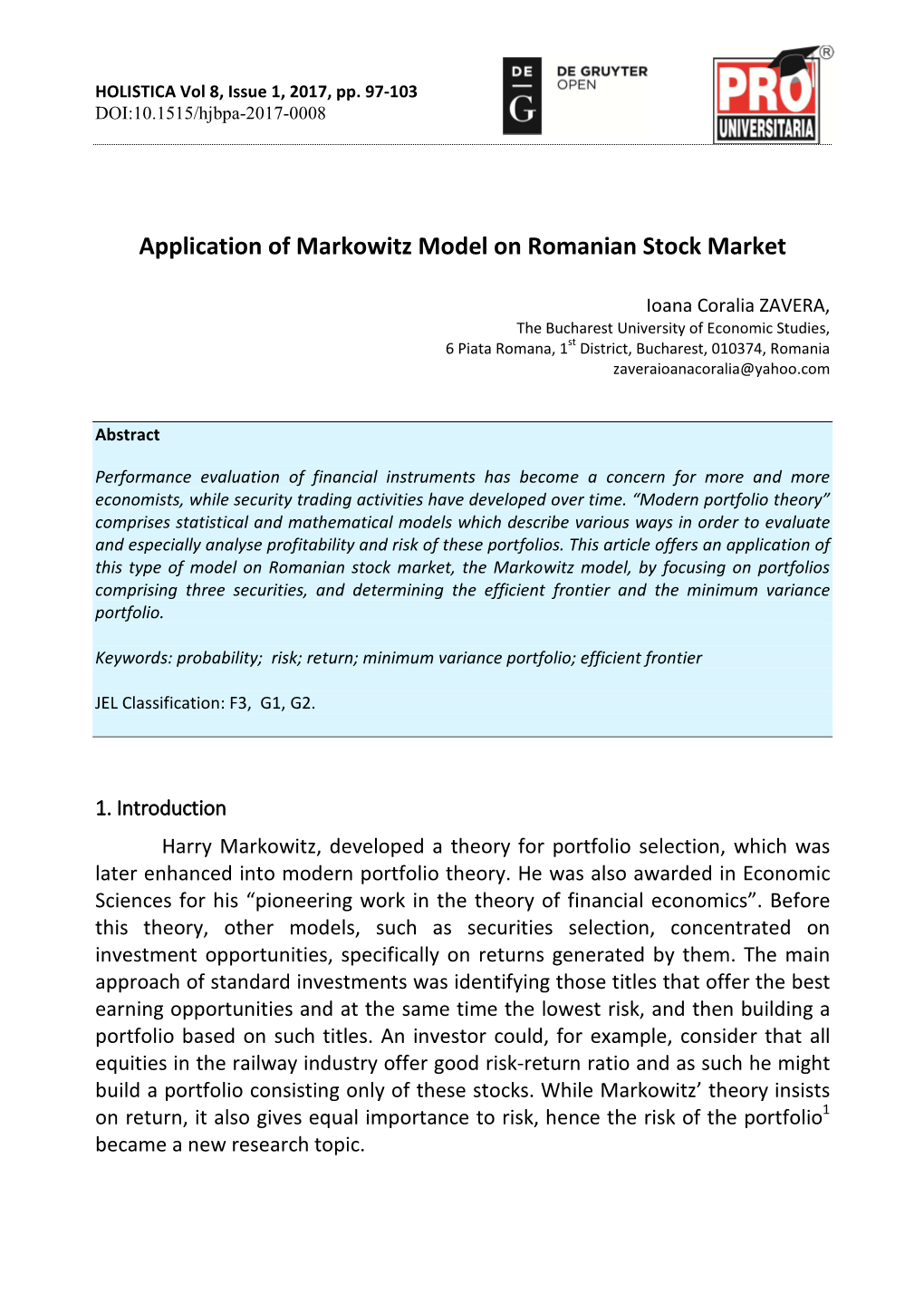 Application of Markowitz Model on Romanian Stock Market
