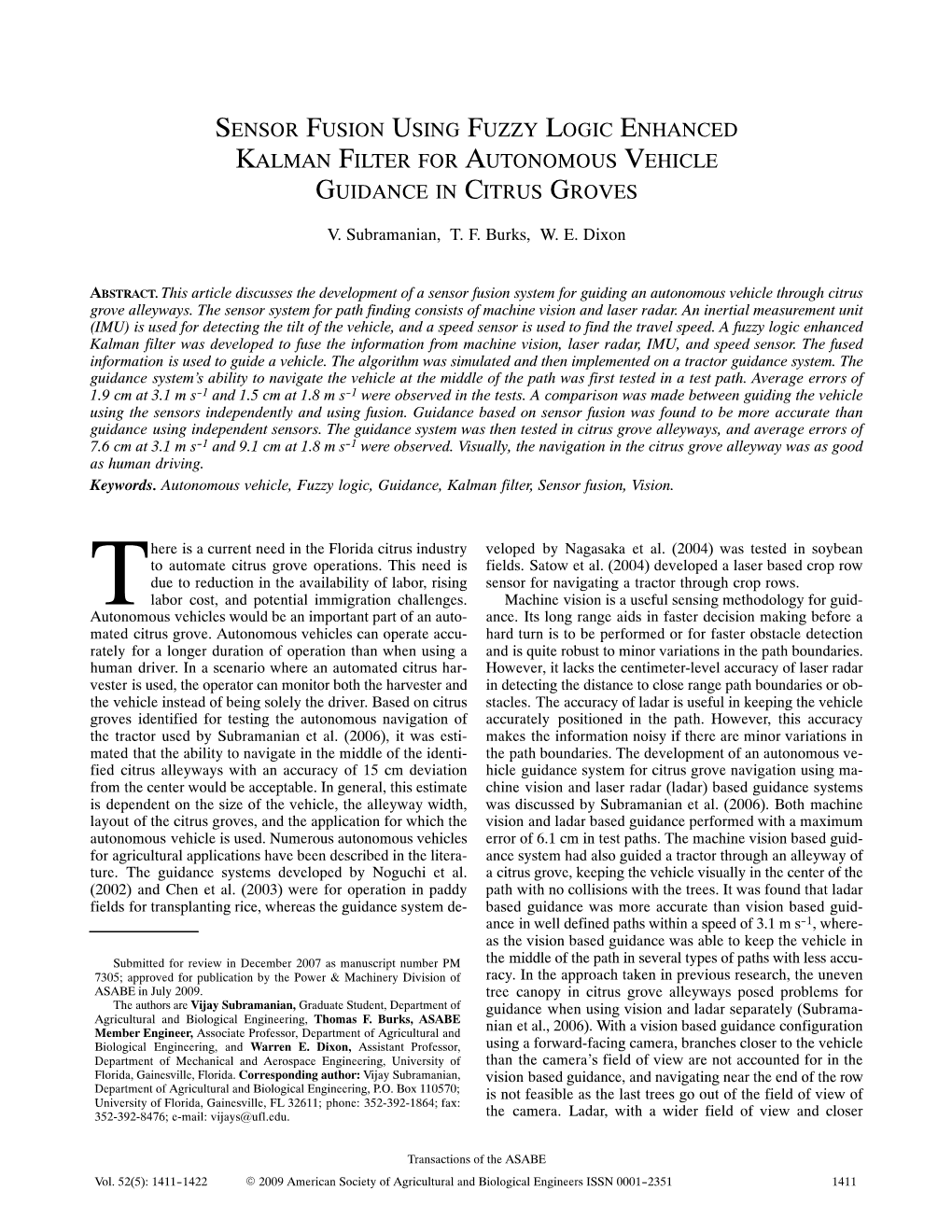 Sensor Fusion Using Fuzzy Logic Enhanced Kalman Filter for Autonomous Vehicle Guidance in Citrus Groves