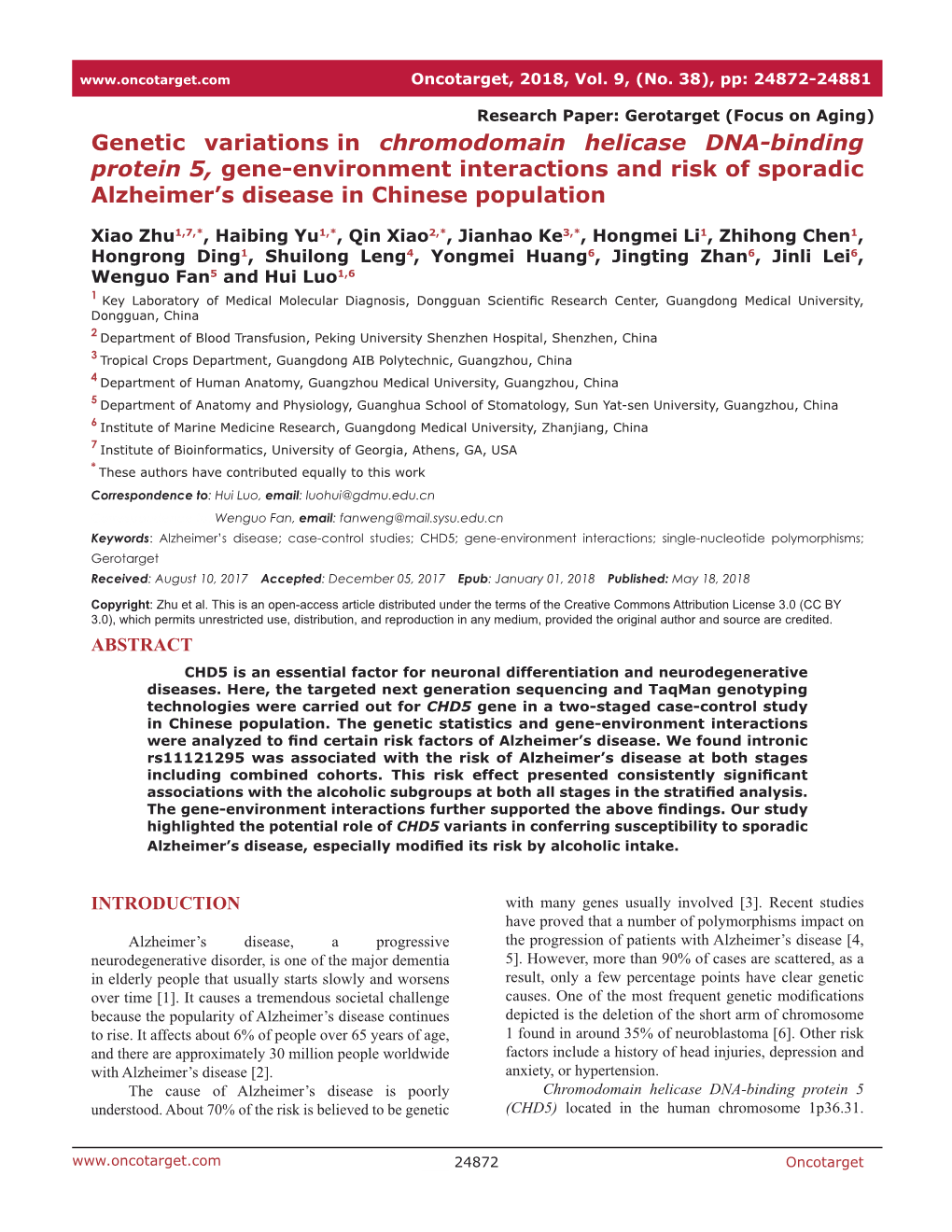 Genetic Variations in Chromodomain Helicase DNA-Binding Protein 5, Gene-Environment Interactions and Risk of Sporadic Alzheimer’S Disease in Chinese Population