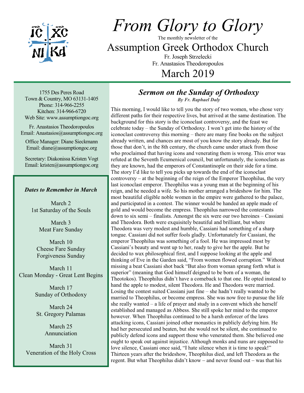 From Glory to Glory the Monthly Newsletter of the Assumption Greek Orthodox Church Fr