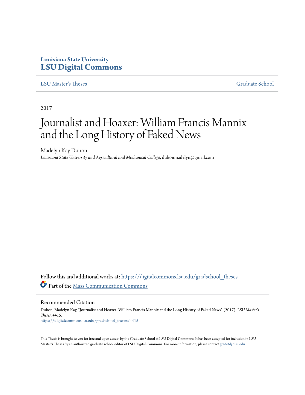 Journalist and Hoaxer: William Francis Mannix and the Long History Of