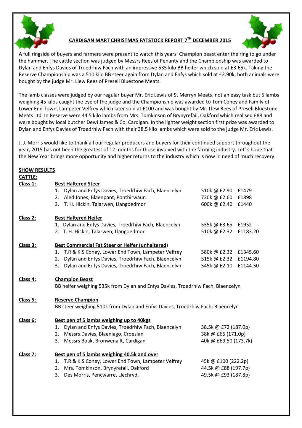 Cardigan Mart Christmas Fatstock Report 7Th December 2015