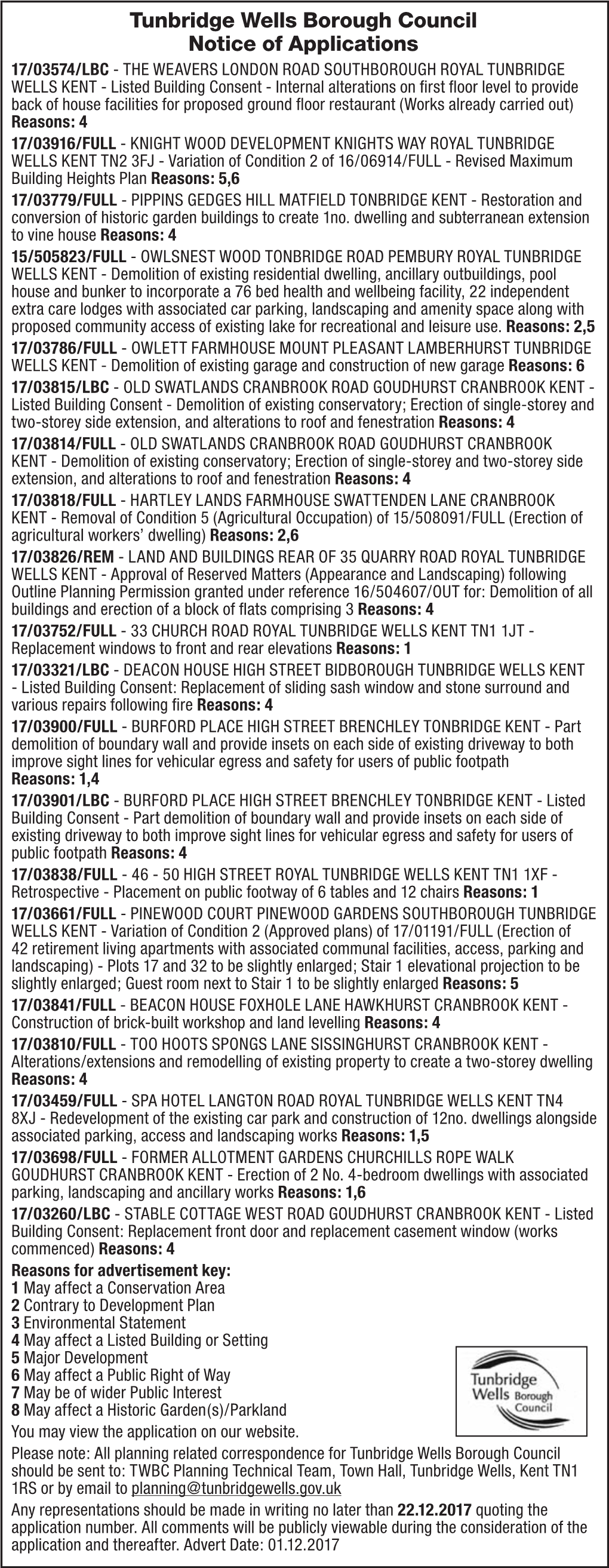 Tunbridge Wells Borough Council Notice of Applications