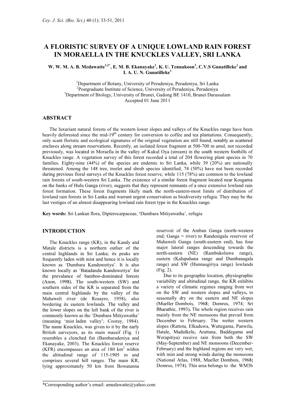 A Floristic Survey of a Unique Lowland Rain Forest in Moraella in the Knuckles Valley, Sri Lanka