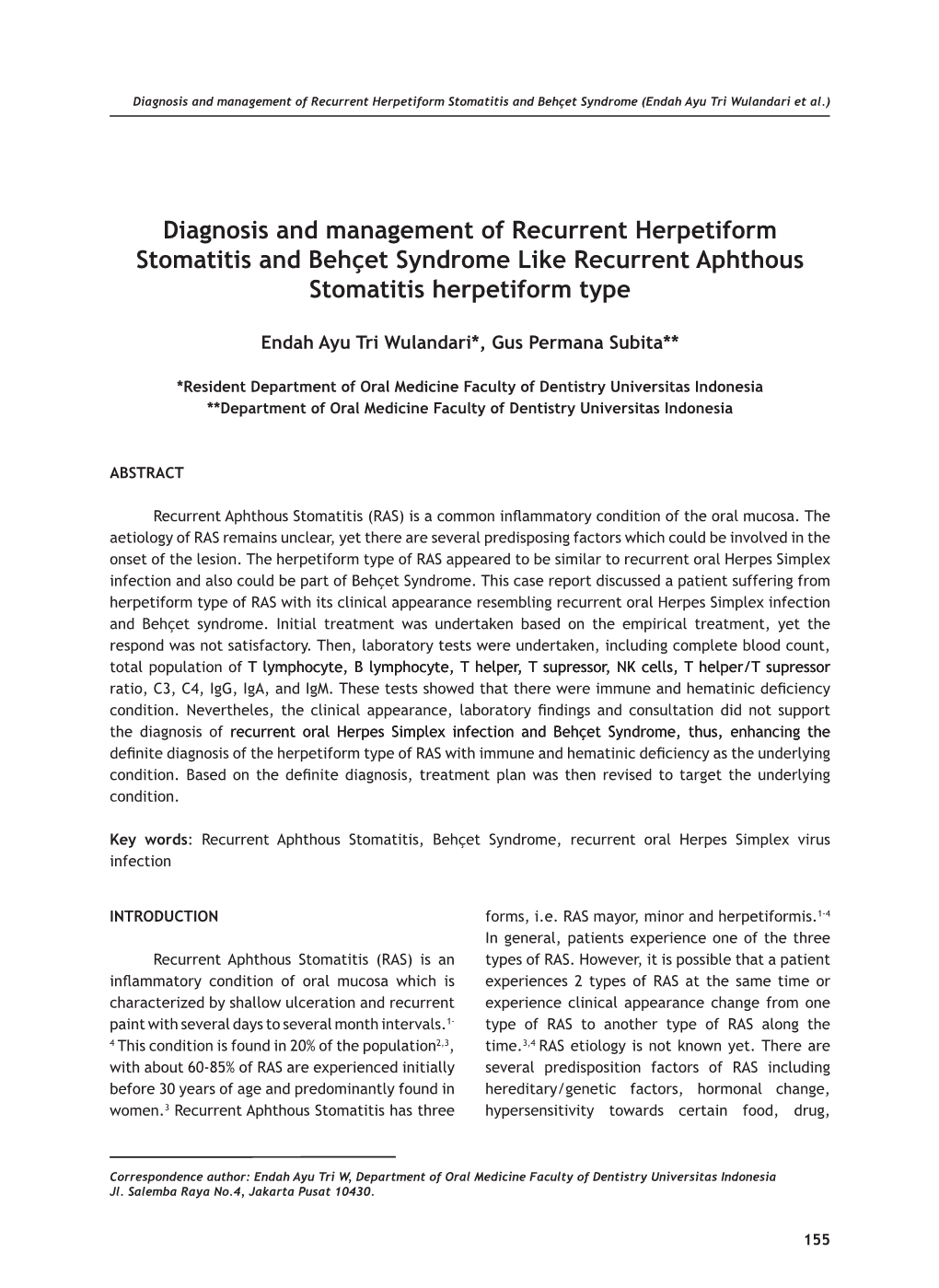 Diagnosis and Management of Recurrent Herpetiform Stomatitis and Behçet Syndrome (Endah Ayu Tri Wulandari Et Al.)