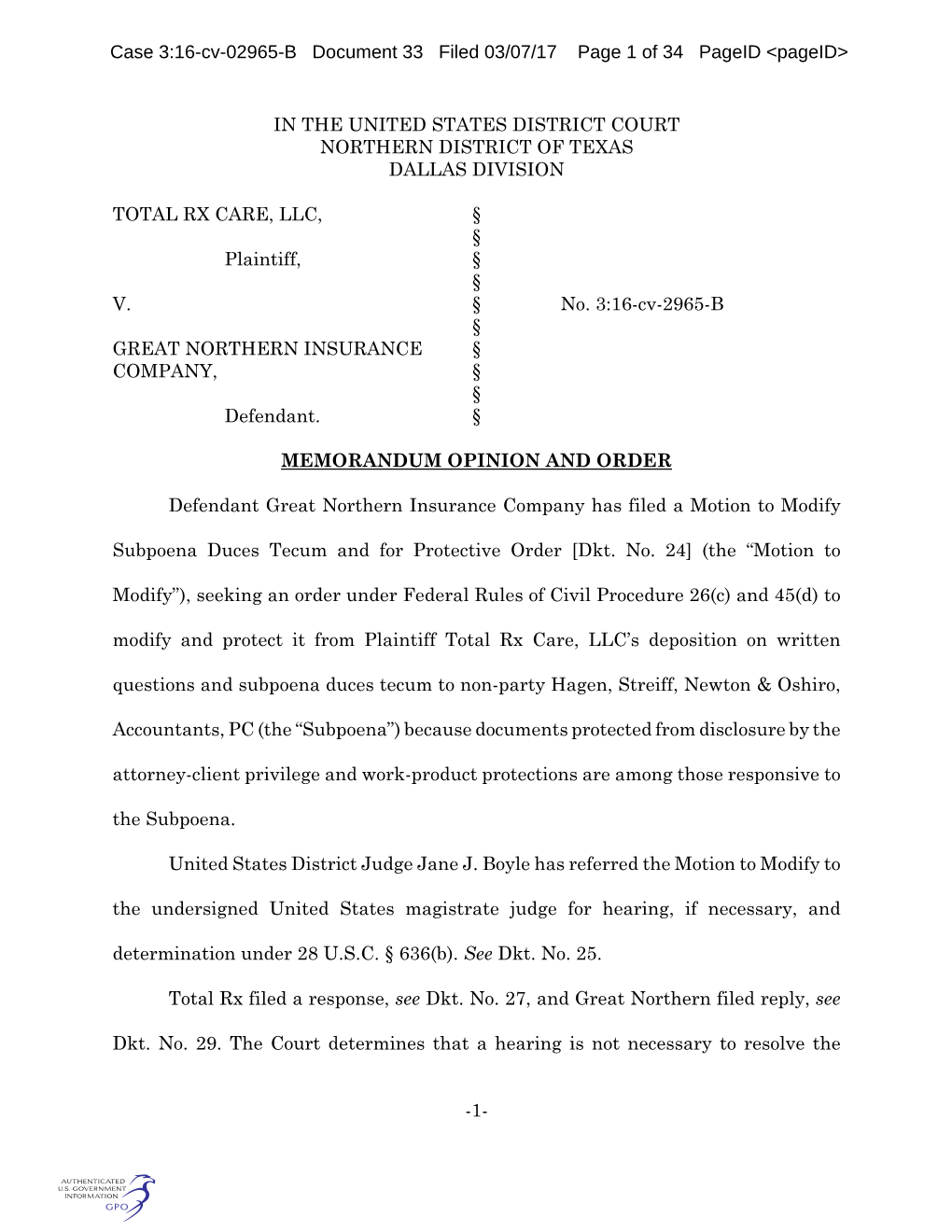 Case 3:16-Cv-02965-B Document 33 Filed 03/07/17 Page 1 of 34 Pageid