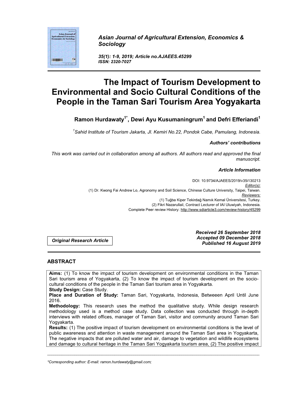 The Impact of Tourism Development to Environmental and Socio Cultural Conditions of the People in the Taman Sari Tourism Area Yogyakarta