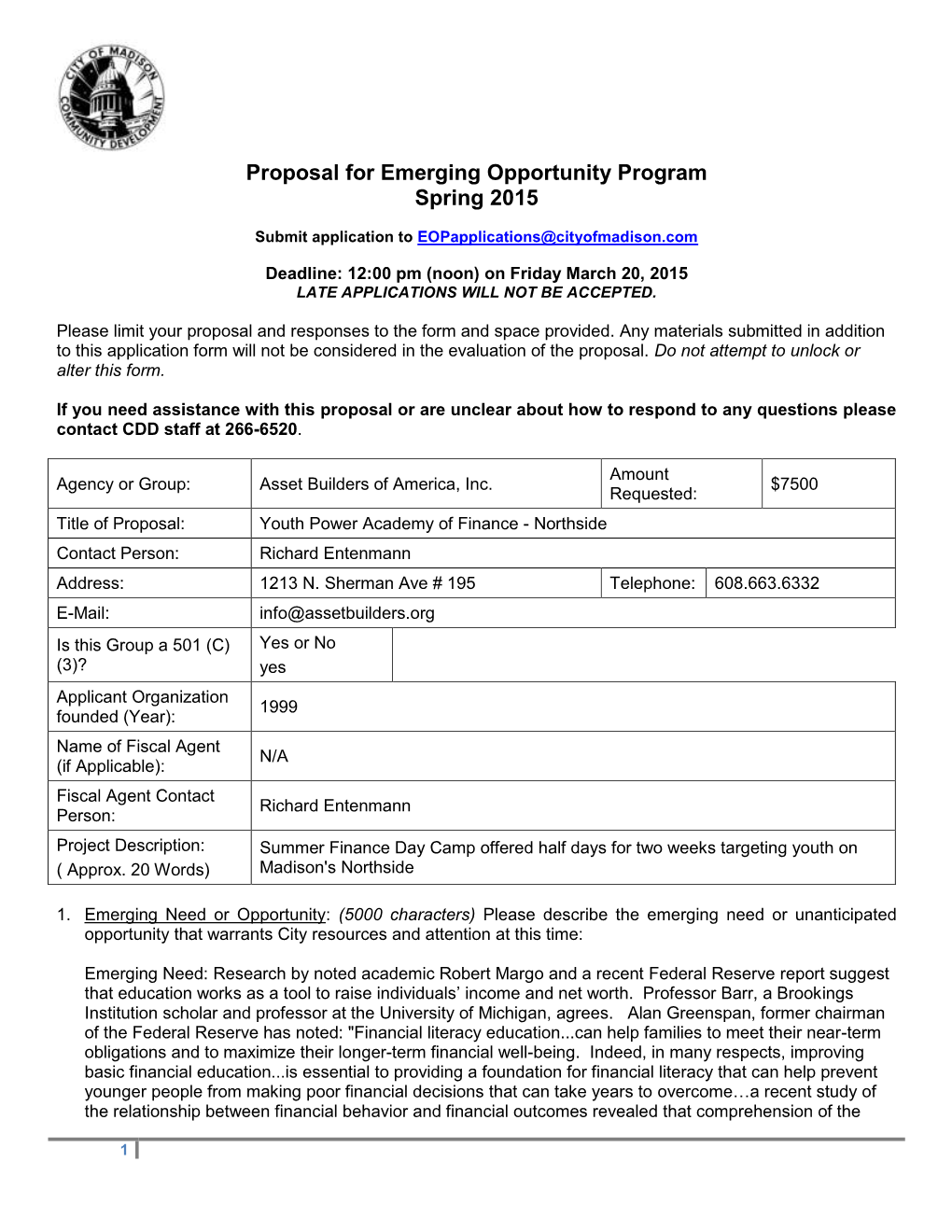 Proposal for Emerging Opportunity Program Spring 2015