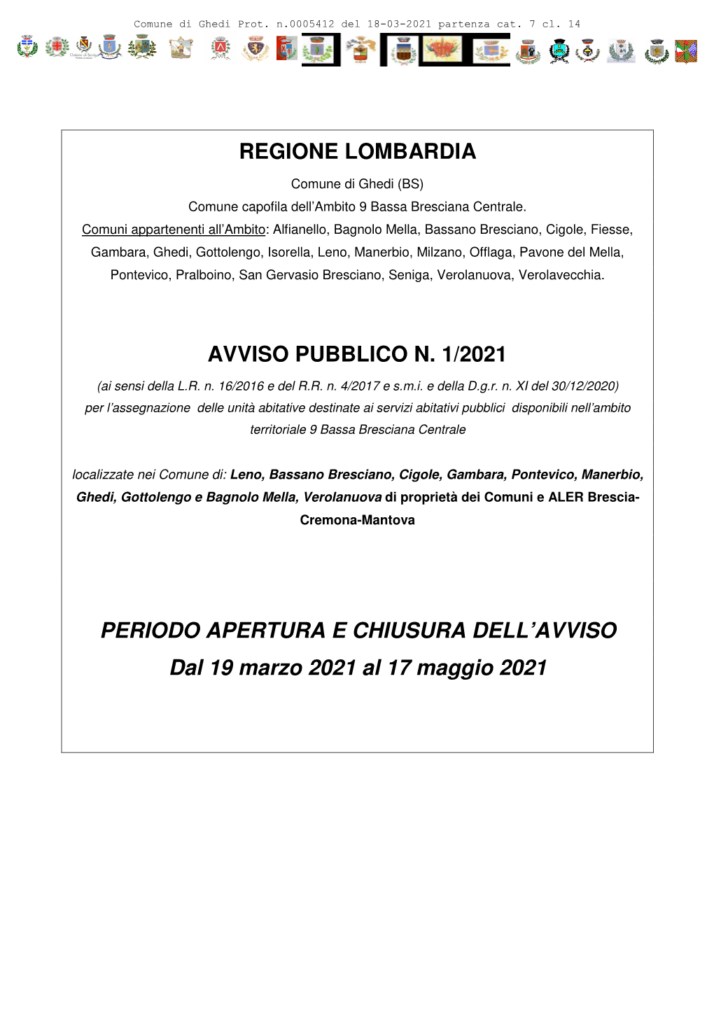 Regione Lombardia Avviso Pubblico N. 1/2021 Periodo