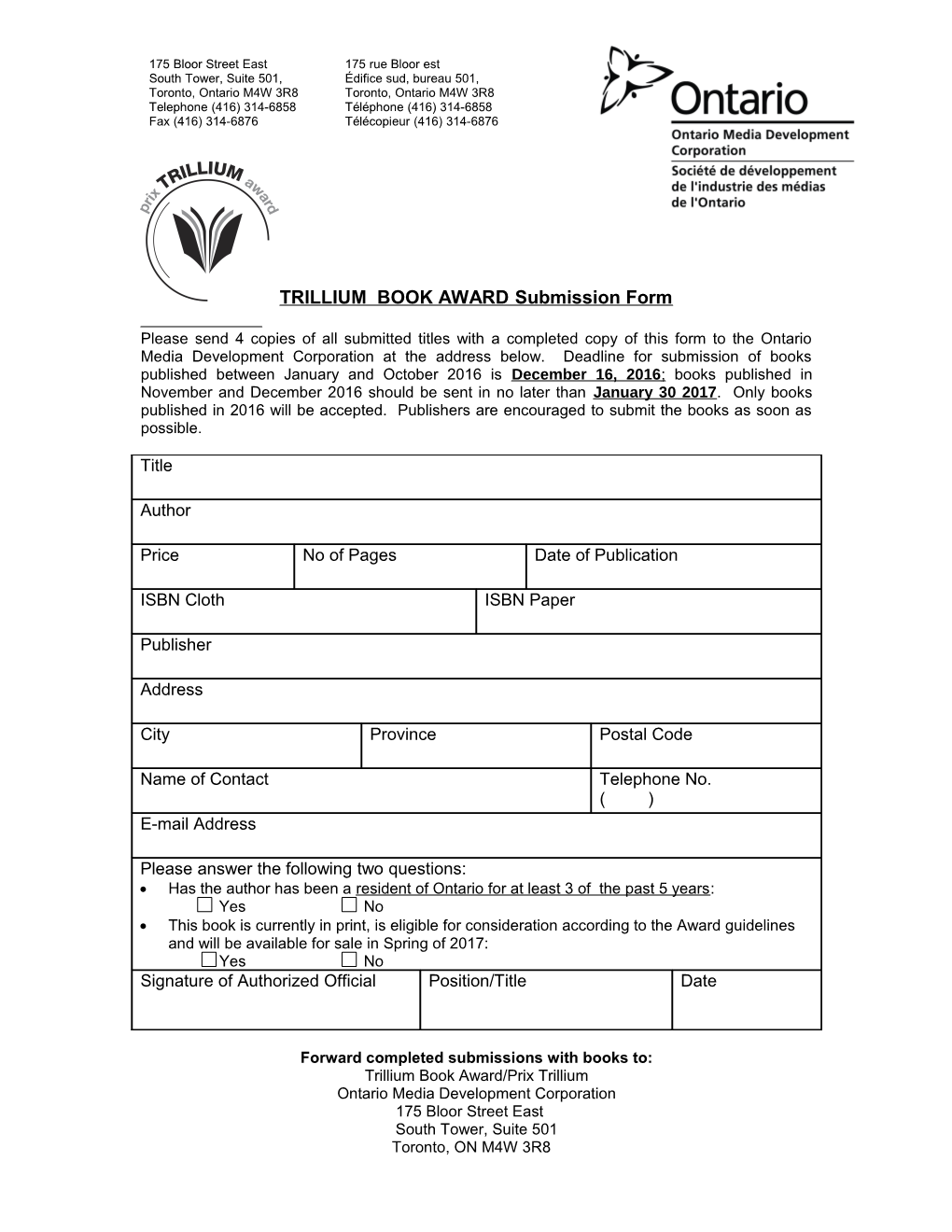 TRILLIUM BOOK AWARD Submission Form