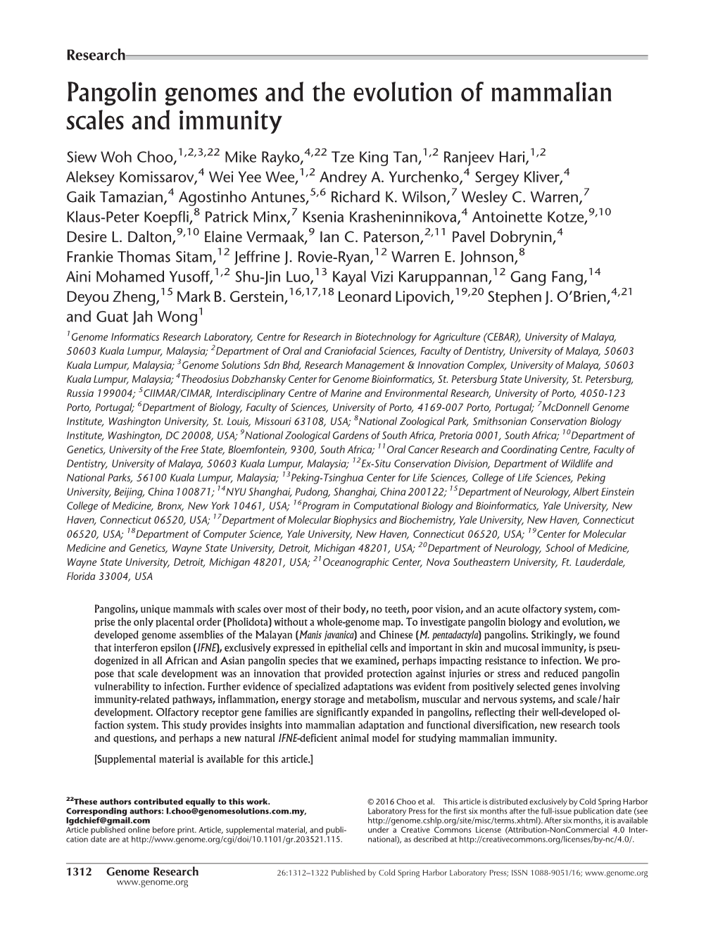 Pangolin Genomes and the Evolution of Mammalian Scales and Immunity