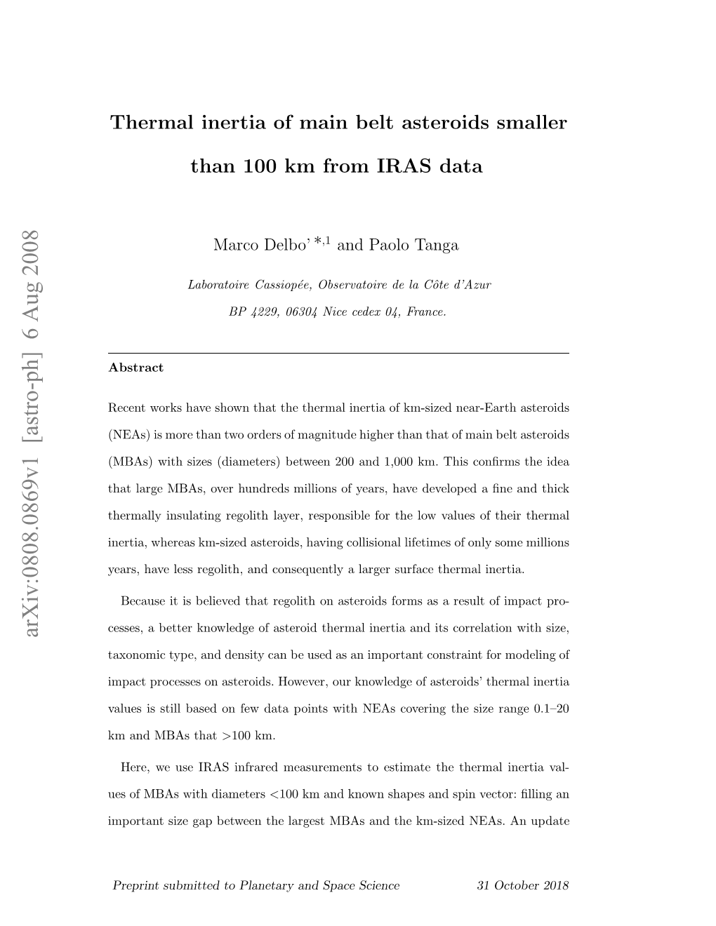 Thermal Inertia of Main Belt Asteroids Smaller Than 100 Km from IRAS Data