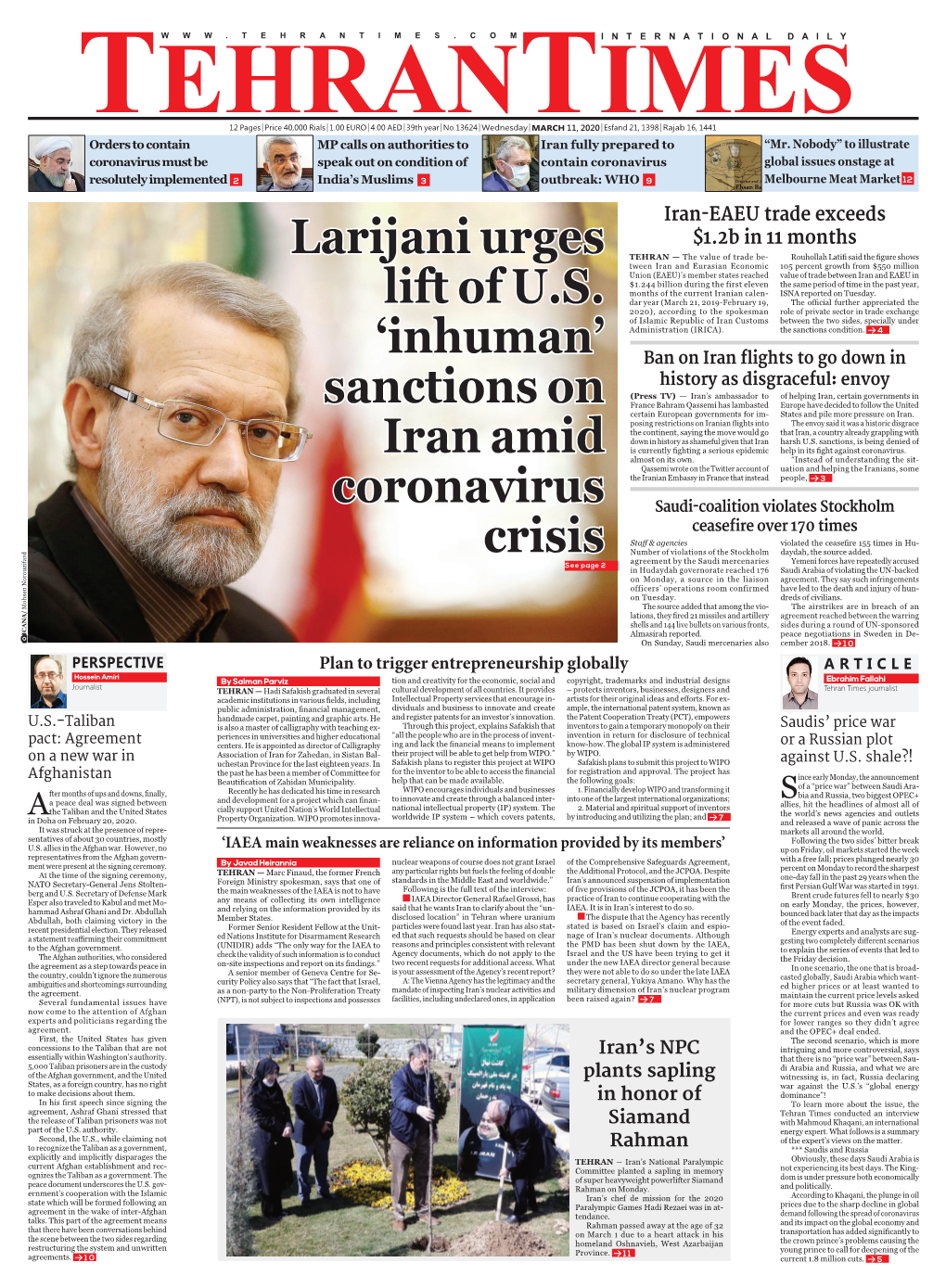 Larijani Urges Lift of U.S. 'Inhuman' Sanctions on Iran Amid Coronavirus Crisis