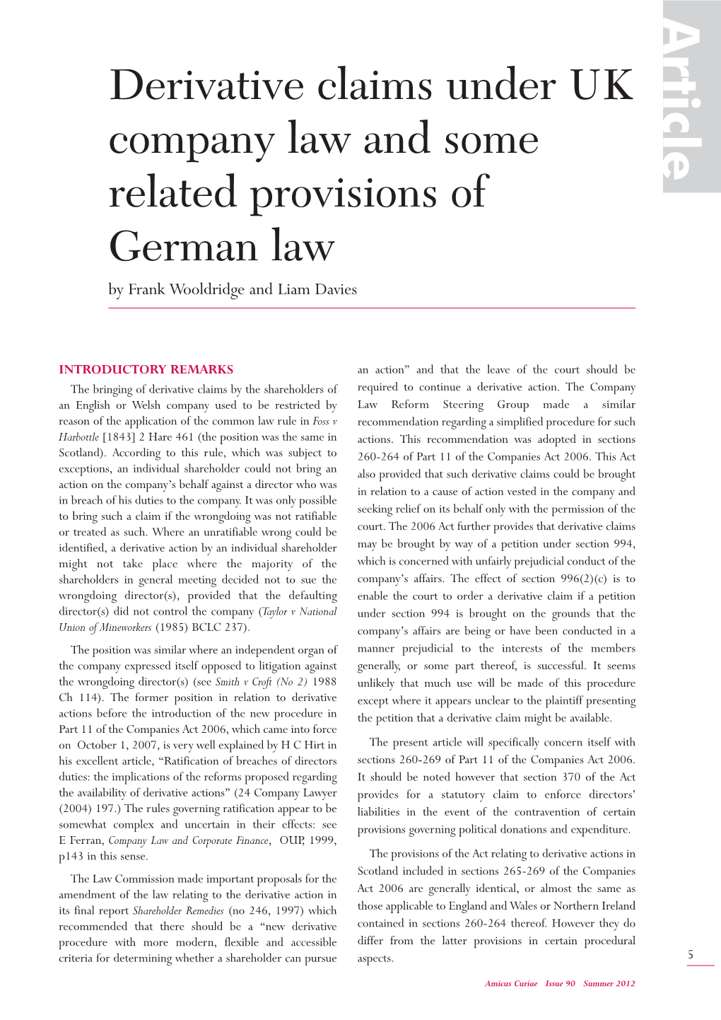 Derivative Claims Under UK Company Law and Some Related Provisions of German Law by Frank Wooldridge and Liam Davies