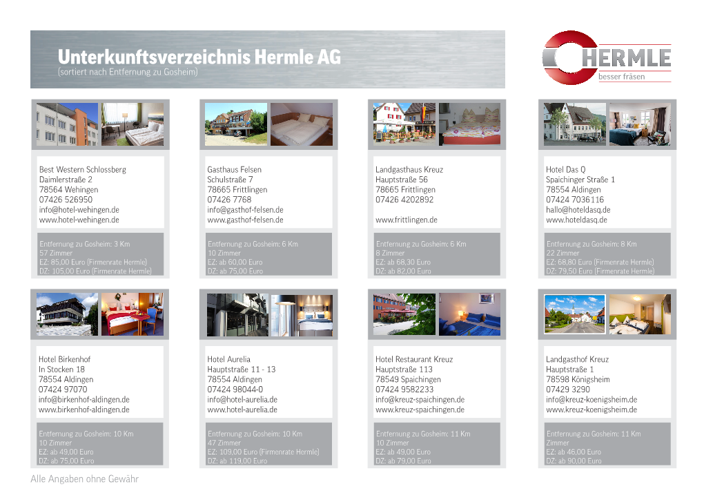 Unterkunftsverzeichnis Hermle AG (Sortiert Nach Entfernung Zu Gosheim)