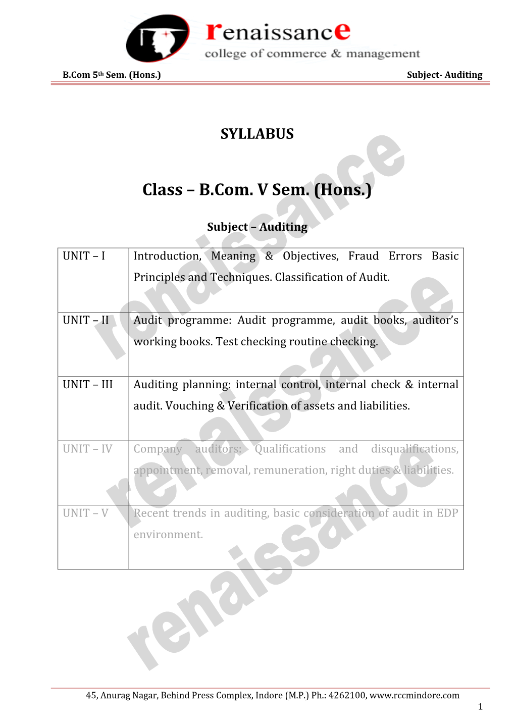 Class – B.Com. V Sem. (Hons.)