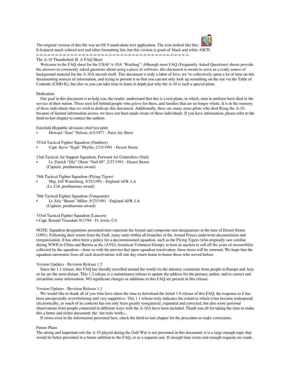 The A-10 Thunderbolt II: a FAQ Sheet