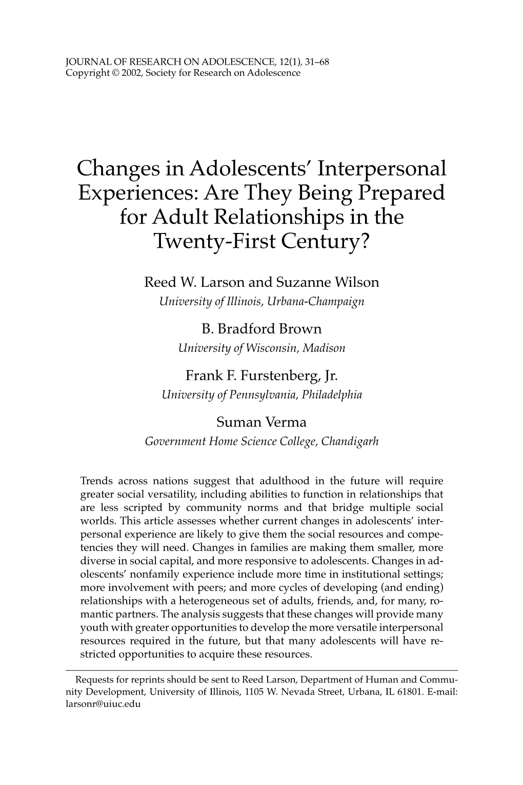 Changes in Adolescents' Interpersonal