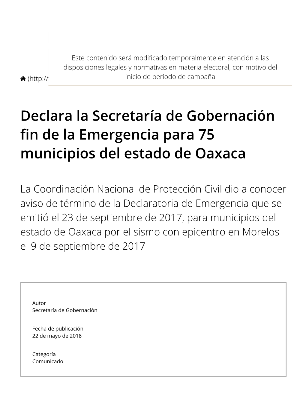 Declara La Secretaría De Gobernación N De La Emergencia Para 75